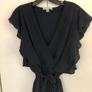 She + Sky Fluttery Ruffle Sleeves Navy Blue Deep V Shorts Romper Sz M